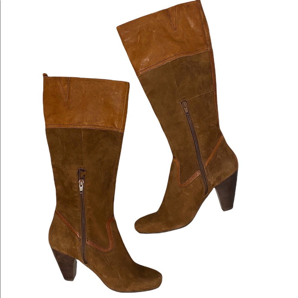 Nicole Brown Leather & Suede Heeled Boots sz 7